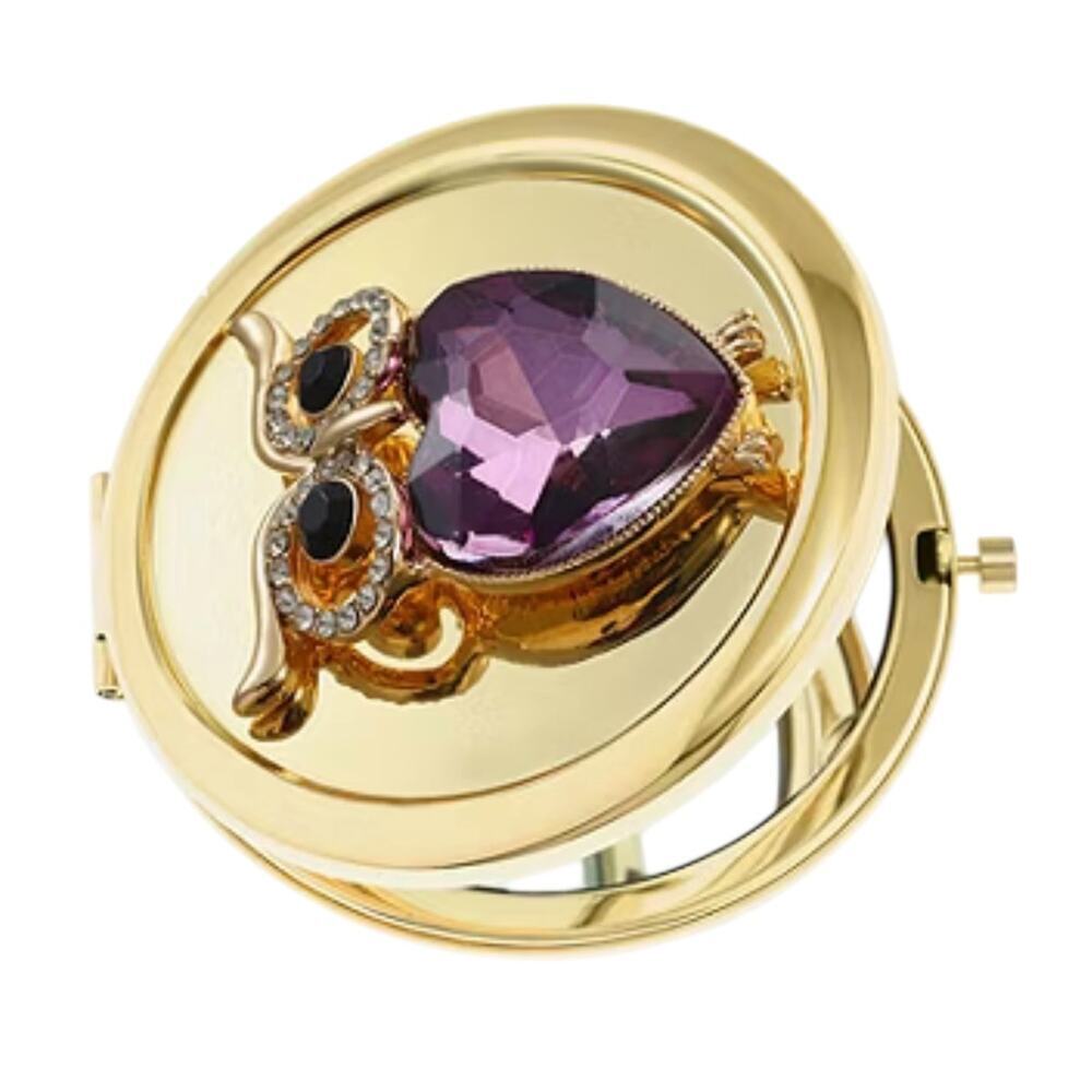 MONET Owl Compact Mirror Gold Tone Rhinestone Purple Crystal Figural New in Box - Picture 5 of 8
